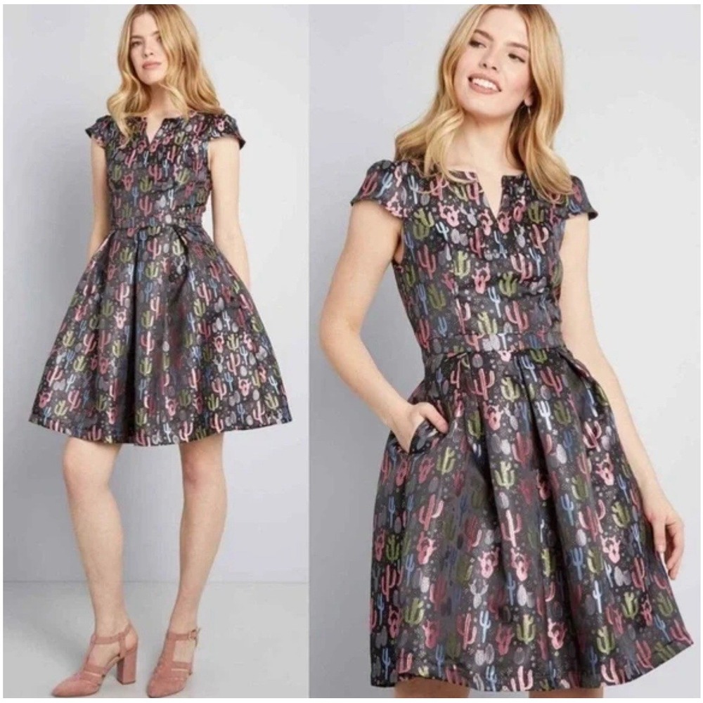 ModCloth Cactus Jacquard Fit & Flare Dress Holiday NYE Special Occasion, Size 14